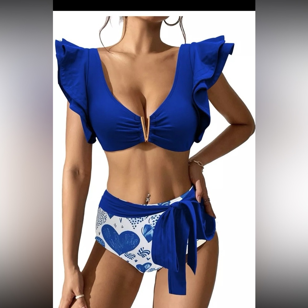 Sporlike SPORLIKE Women Ruffle High Waist Swimsuit Push Up Heart Bikini Blue